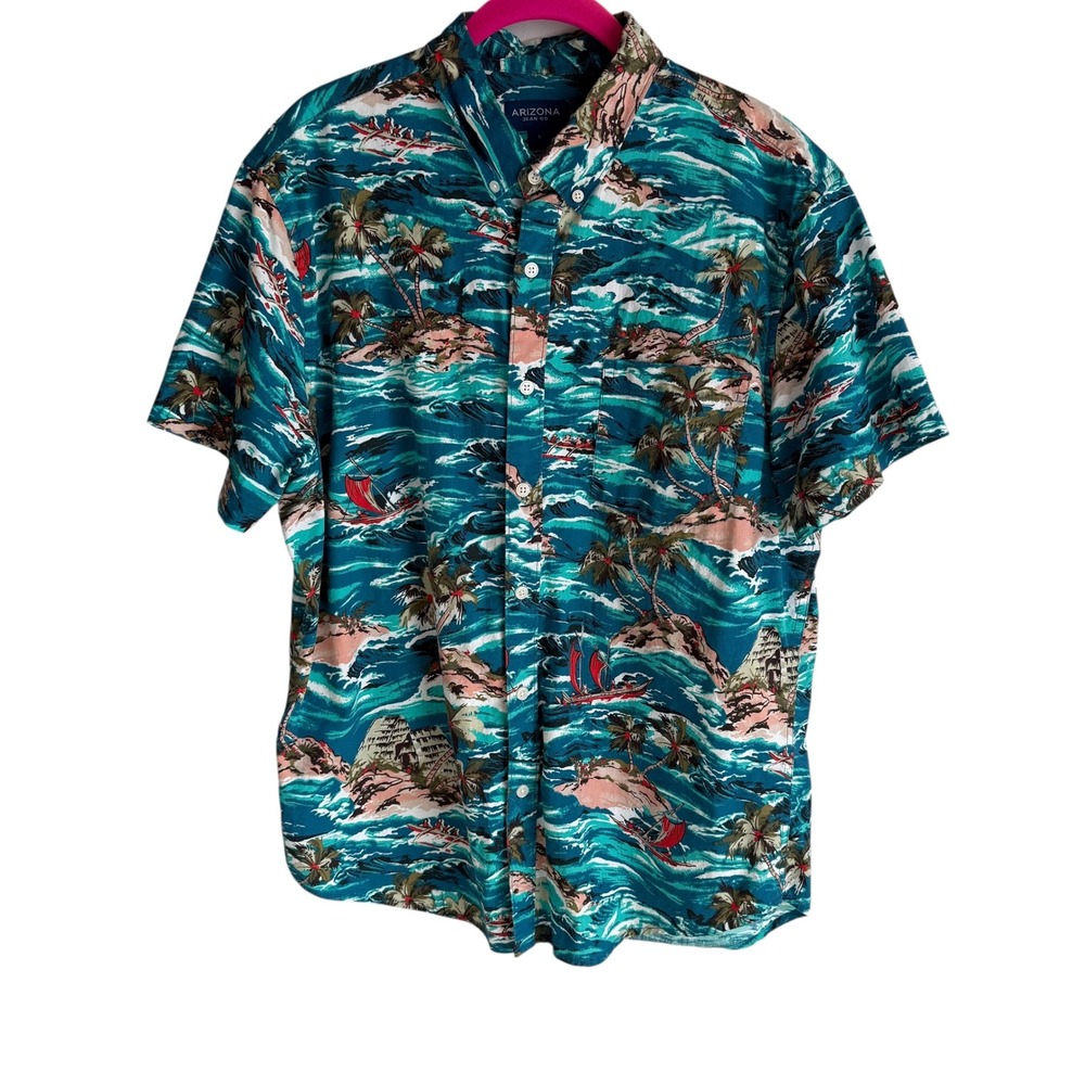 ARIZONA JEAN Blue Summer Tropical Hawaiian Mens Button Up, L
